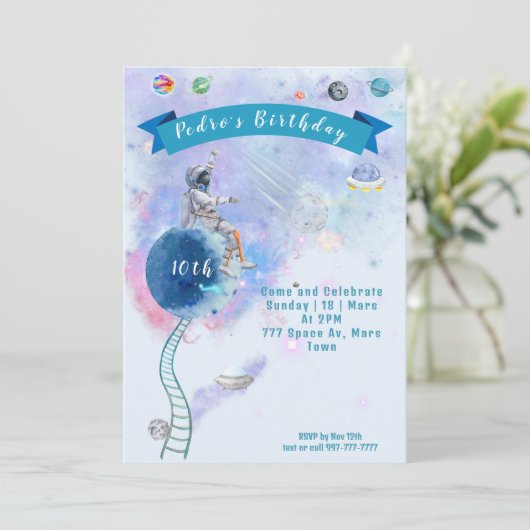 水彩宇宙飛行士および宇宙誕生日 招待状 (スタンド正面)