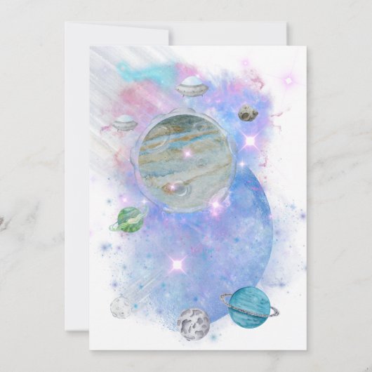 水彩宇宙飛行士および宇宙誕生日 招待状 (裏面)