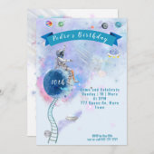 水彩宇宙飛行士および宇宙誕生日 招待状 (正面/裏面)