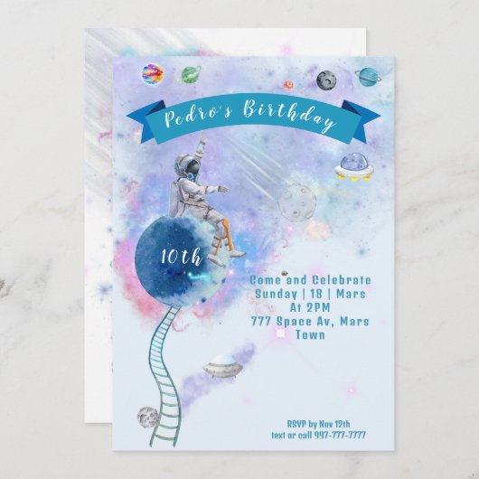 水彩宇宙飛行士および宇宙誕生日 招待状 (正面/裏面)