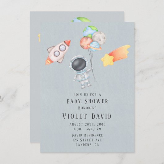水彩宇宙飛行士ボーイベビーシャワー 招待状 (正面/裏面)