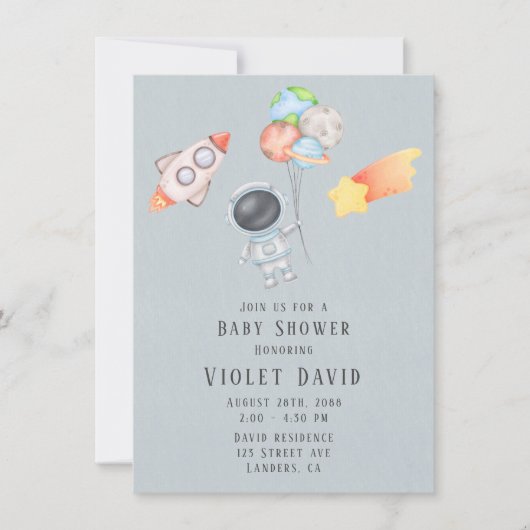 水彩宇宙飛行士ボーイベビーシャワー 招待状 (正面)
