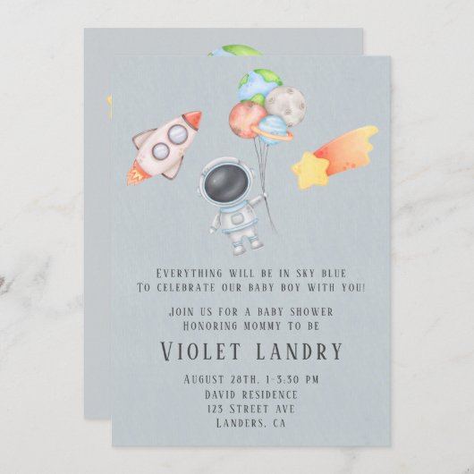 水彩宇宙飛行士ボーイベビーシャワーI 招待状 (正面/裏面)