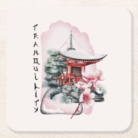 水彩寺日本の桜花 スクエアペーパーコースター (正面)