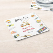 水彩寿司と刺身任意の年齢誕生日 スクエアペーパーコースター (アングル)