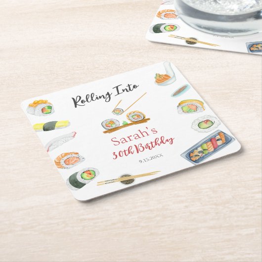 水彩寿司と刺身任意の年齢誕生日 スクエアペーパーコースター (アングル)