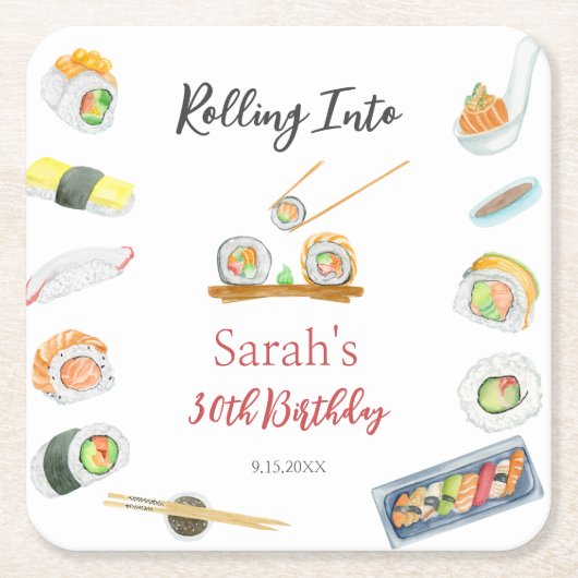 水彩寿司と刺身任意の年齢誕生日 スクエアペーパーコースター (正面)