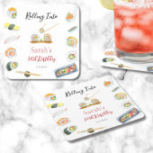 水彩寿司と刺身任意の年齢誕生日 スクエアペーパーコースター