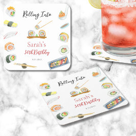 水彩寿司と刺身任意の年齢誕生日 スクエアペーパーコースター