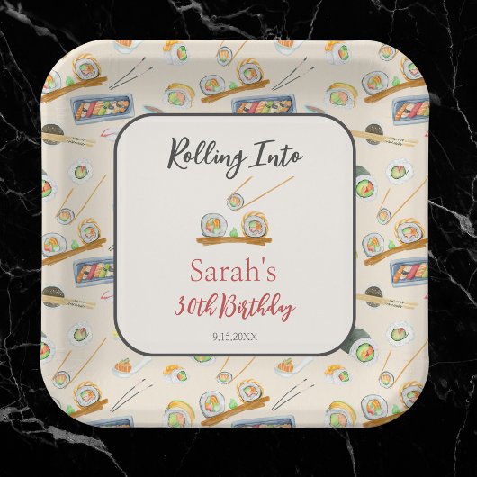 水彩寿司と刺身任意の年齢誕生日 ペーパープレート