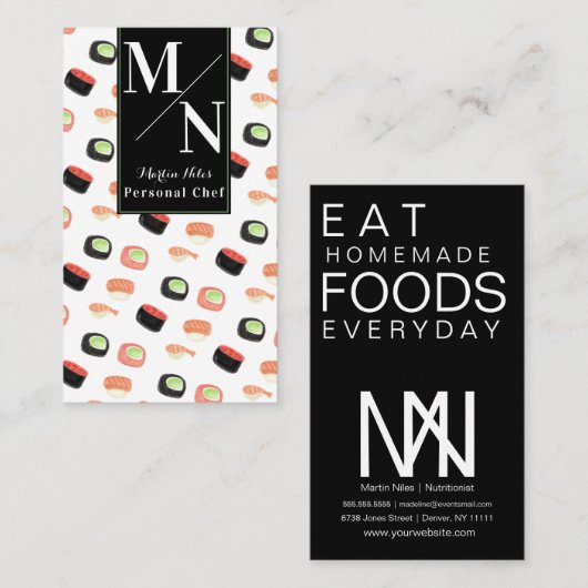 水彩寿司アジアンシェフ調理師自家製フード 名刺 (正面/裏面)
