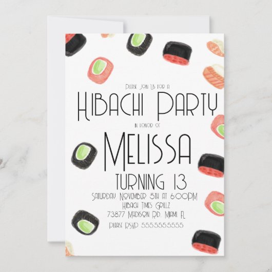 水彩寿司10代の誕生日火鉢店 招待状 (正面)