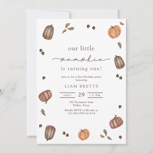 水彩小さなかぼちゃの最初の誕生日 招待状 (正面)