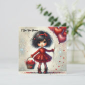 水彩小さな女の子保持赤グリッターハート シーズンカード (スタンド正面)