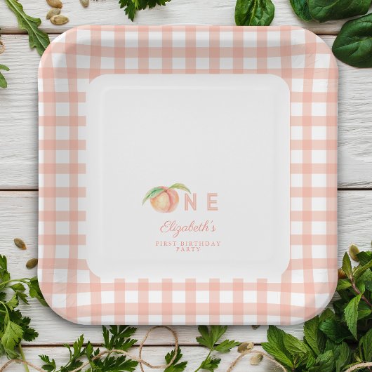 水彩小さな甘い桃は1歳の誕生日 ペーパープレート