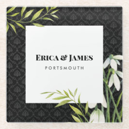 水彩小さな白い雪のドロップ&ローレルダマスク ガラスコースター