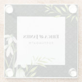 水彩小さな白い雪のドロップ&ローレルダマスク ガラスコースター (裏面)