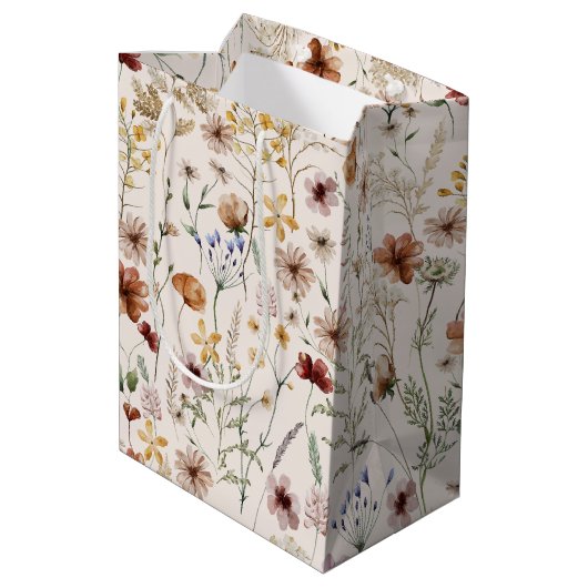 水彩小さな開花ボホフローラルパターン ミディアムペーパーバッグ (裏面アングル)