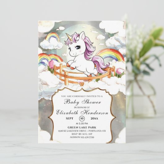 水彩小さな魔法のユニコーン赤ちゃんシャワー 招待状 (スタンド正面)