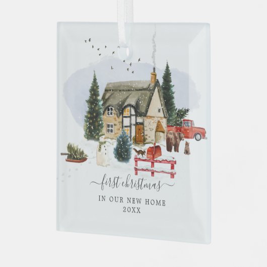 水彩小屋 |初めてのクリスマスの新しいホーム ガラスオーナメント (正面左)