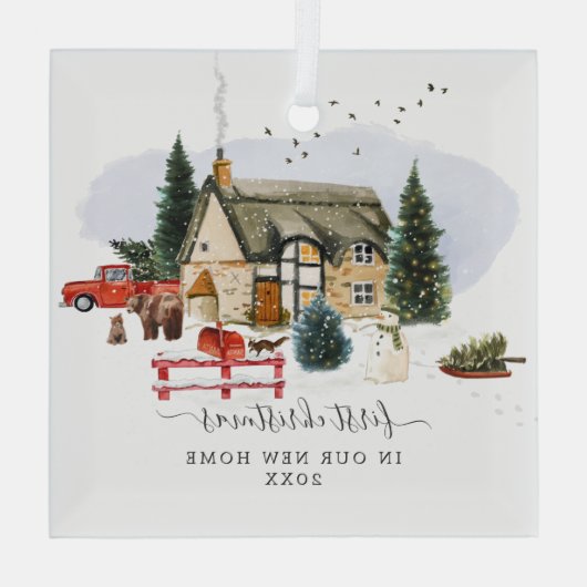 水彩小屋 |初めてのクリスマスの新しいホーム ガラスオーナメント (裏面)