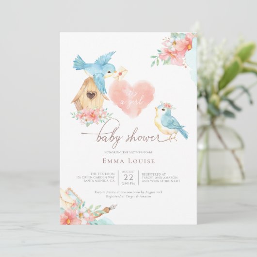 水彩小鳥女の子の赤ちゃんシャワー 招待状 (スタンド正面)