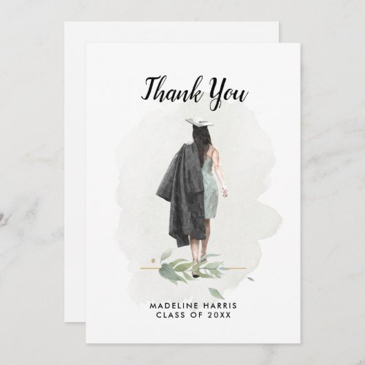 水彩少女の葉のカスタム写真の卒業 サンキューカード (正面/裏面)