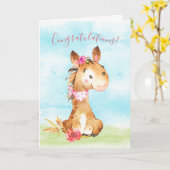 水彩少女の馬おめでとう カード (黄色い花)