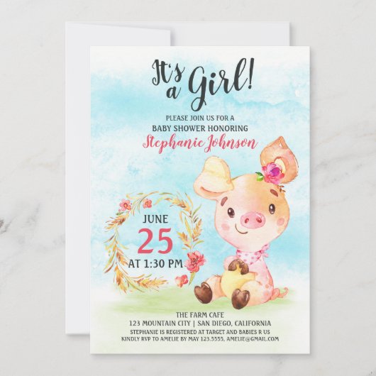 水彩少女ピギーベビーシャワーファーム招待状 招待状 (正面)