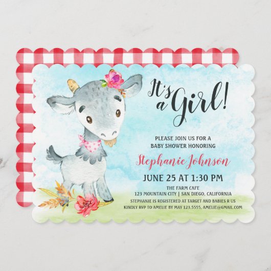 水彩少女ヤギ赤ちゃんシャワーファーム 招待状 (正面/裏面)