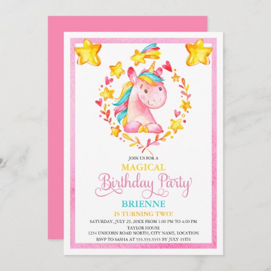 水彩少女ユニコーン誕生日パーティー 招待状 (正面/裏面)