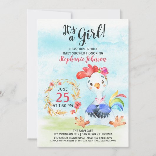 水彩少女ローストベビーシャワーファーム招待状 招待状 (正面)