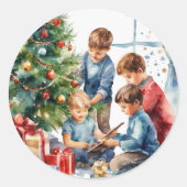 水彩少年たちクリスマスモーニングノスタルジックシーン ラウンドシール (正面)