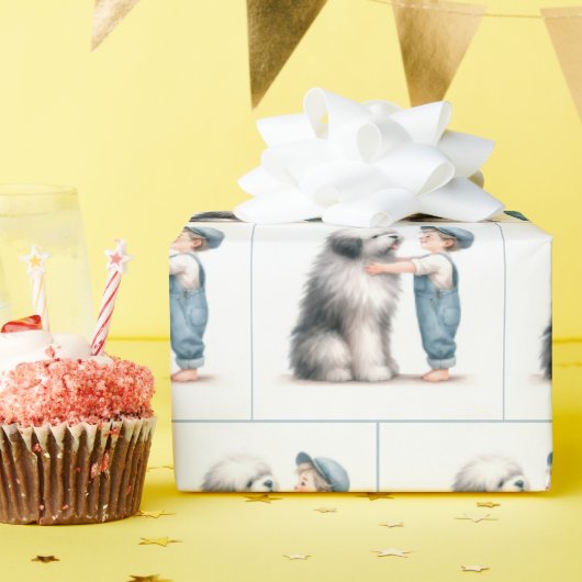 水彩少年と彼の犬 ラッピングペーパー (誕生日パーティー)