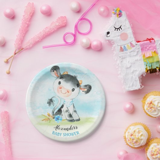 水彩少年カウベビーシャワーファーム ペーパープレート (パーティー)