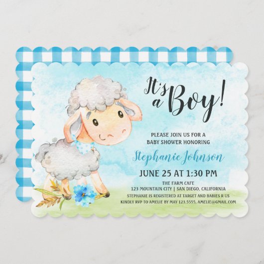 水彩少年シープベイビーシャワーファーム招待状 招待状 (正面/裏面)
