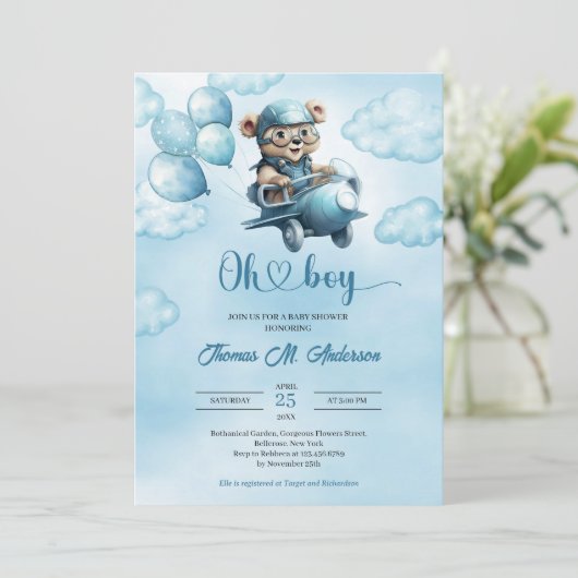 水彩少年テディベアアビエーターと風船 招待状 (スタンド正面)