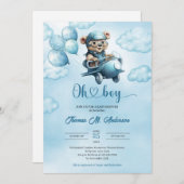 水彩少年テディベアアビエーターと風船 招待状 (正面/裏面)