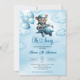 水彩少年テディベアアビエーターと風船 招待状