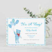 水彩少年テディベアバルーン赤ちゃんシャワー 招待状 (スタンド正面)