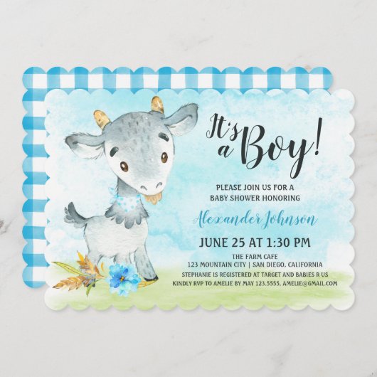 水彩少年ヤギ赤ちゃんシャワーファーム招待状 招待状 (正面/裏面)