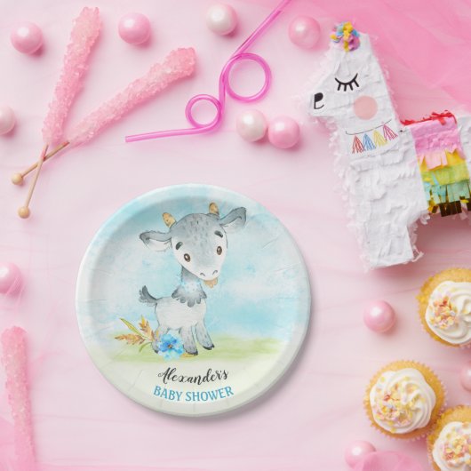 水彩少年ヤギ赤ちゃんシャワーファーム ペーパープレート (パーティー)
