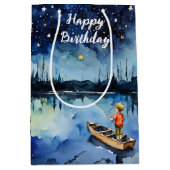 水彩少年魚釣りインローボート ミディアムペーパーバッグ (正面)