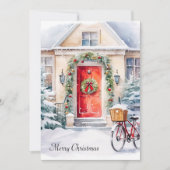 水彩居心地の良いコテージレッドドアメリークリスマス シーズンカード (正面)
