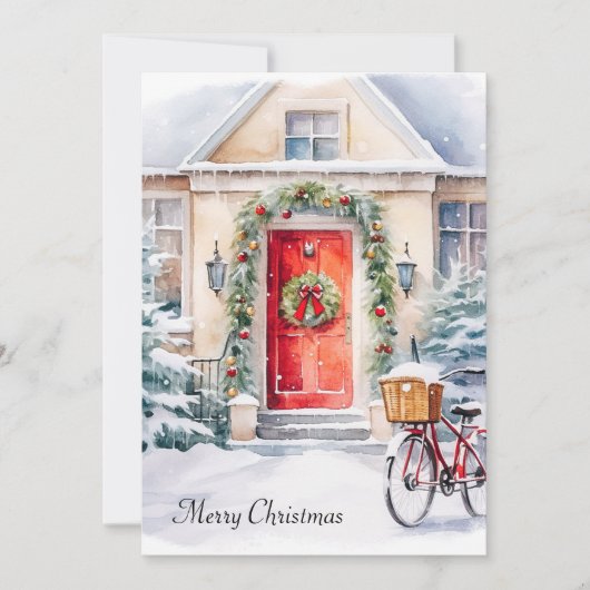 水彩居心地の良いコテージレッドドアメリークリスマス シーズンカード (正面)