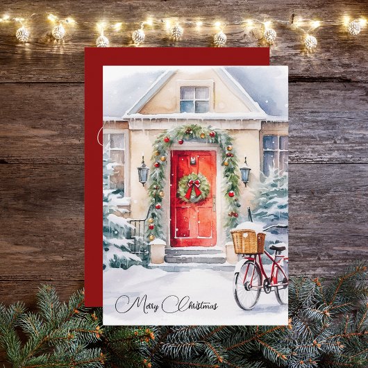 水彩居心地の良いコテージレッドドアメリークリスマス シーズンカード