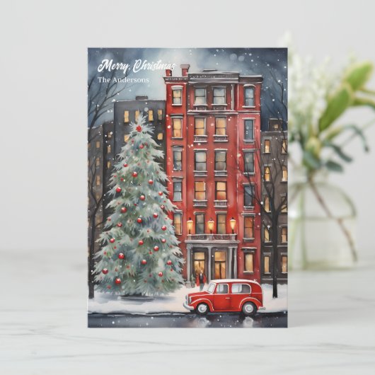 水彩居心地の良いフェスティバルクリスマスシティツリー シーズンカード (スタンド正面)