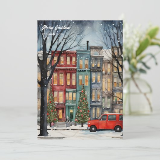 水彩居心地の良いフェスティバルクリスマスシティツリー シーズンカード (スタンド正面)