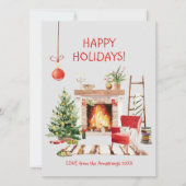 水彩居心地の良い冬のキャビンのクリスマス シーズンカード (正面)