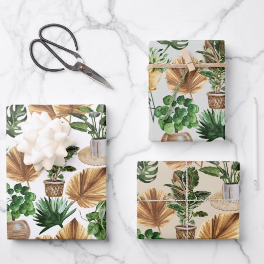 水彩屋内ハウスプラントボホパーム葉ズ ラッピングペーパーシート (正面)